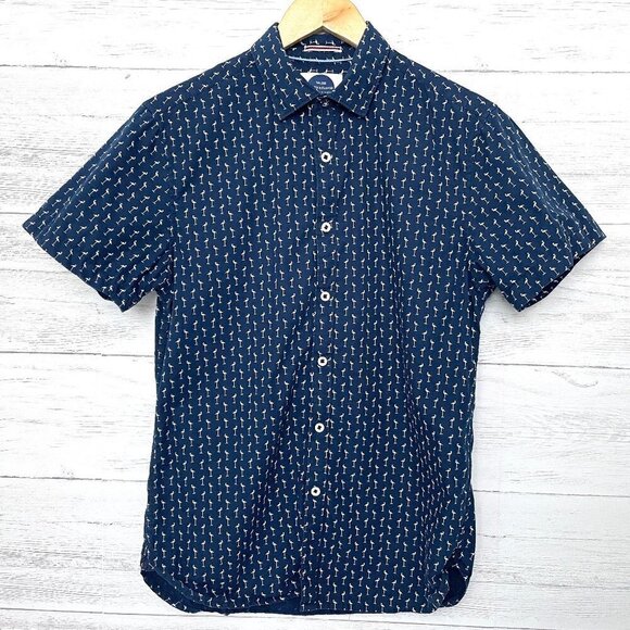 Denim & Flower Men's Navy Blue White Flamingo Print Shirt Button Front Slim S - Picture 1 of 7
